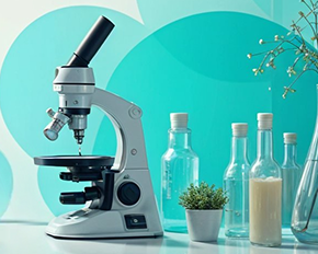 Um microscópio cinza claro está sobre uma bancada branca. À direita, há quatro frascos de vidro transparentes de diferentes formatos contendo líquidos claros, uma planta pequena em um pote branco e um copo com um líquido branco opaco. O fundo é um padrão circular abstrato em tons de azul e verde-água com detalhes em branco, sugerindo elementos botânicos. No canto superior esquerdo, sobreposto à imagem, há uma etiqueta laranja arredondada com o texto "Em breve" em branco.