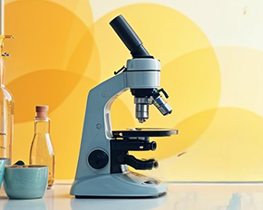 Um microscópio cinza claro está posicionado sobre uma bancada clara com reflexos. Ao lado esquerdo, parcialmente visível, há um pote cilíndrico verde claro com uma planta pequena e um frasco de vidro com líquido amarelado. O fundo é um gradiente de laranja para amarelo com grandes círculos brancos desfocados.